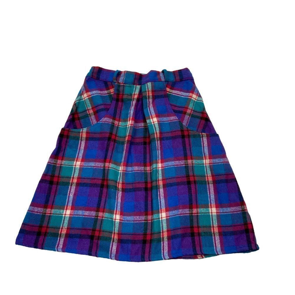 Vintage American Girl Wool Blend Purple Green Plaid Skirt Girls Size 14